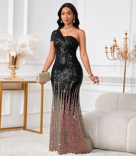Image of Cololura Women Sexy Sequin One Shoulder Mermaid Formal Party Cocktail Gowns Bodycon Evening Maxi Dress