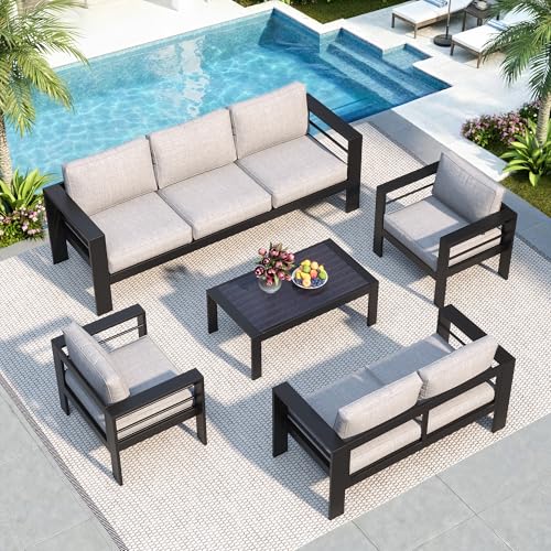 Solaste Aluminum Patio Furniture Set for All Weather, Oversized Metal Outdoor Furniture Set with 27.5" Deep Seating and 3.2" Wide Armrest, Patio Conversation Set with 5" Cushion, Black and Grey
