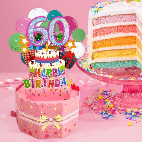 Pink Cake tower 3D Pop Up Happy Birthday 60 Ages Greeting Cards Suprise Balloon Box with Envelope