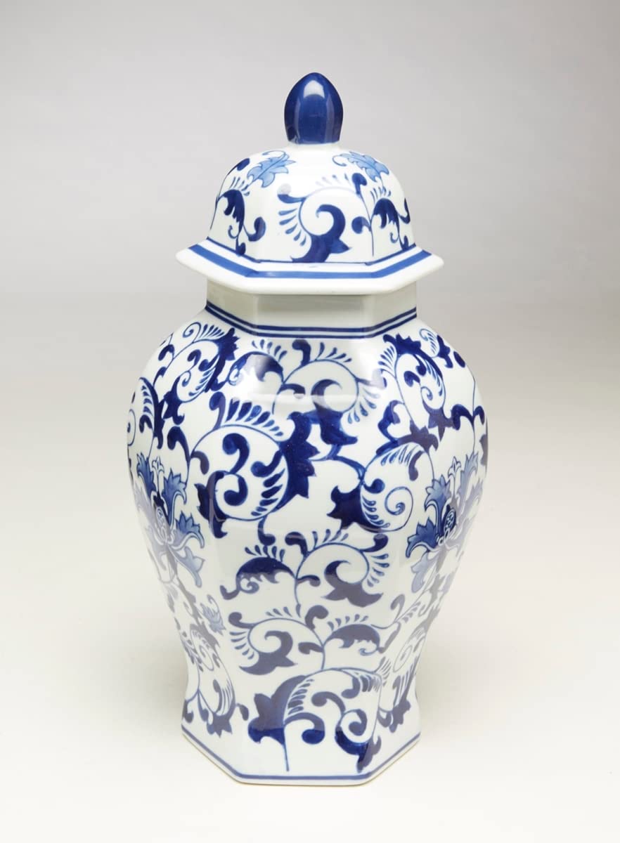 AA Importing 59805 Hexagon Blue & White Ceramic Ginger Jar 14 Inches High