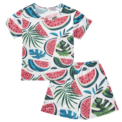 ALAZA Watermelon Tropical Palm Leaves Pajamas Short Sleeve 2 Piece Sleepwear Top and Bottom Pajama Set Unisex