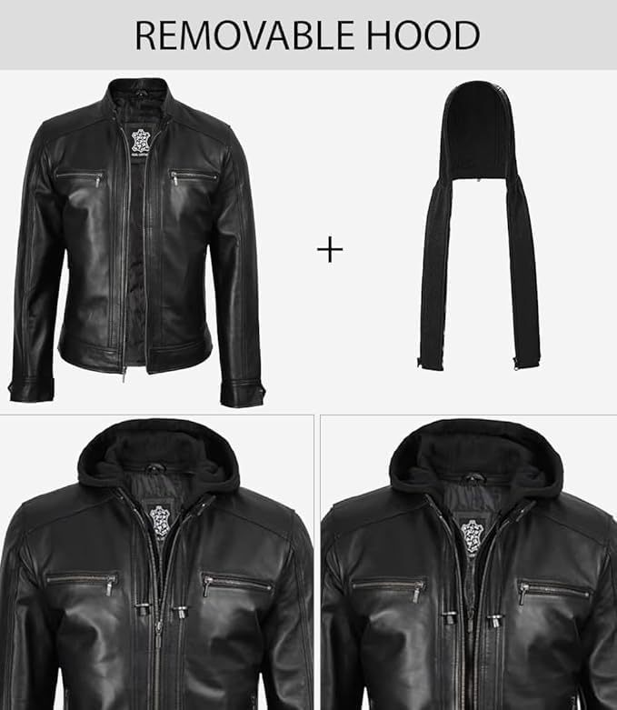 Black Leather Jacket Mens - Cafe Racer Hooded Lambskin Leather
