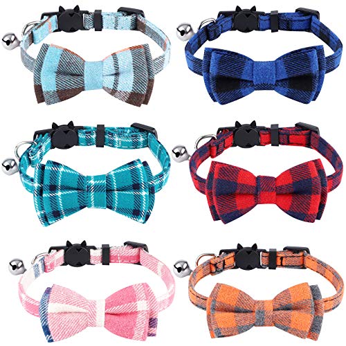 URATOT 6 Pieces Cat Collars with Bow Tie and Bell Breakaway Cat Collars Plaid Kitten Collar Safety Kitty Collars Adjustable Buckle Collars for Cat, Puppy, Small Dog