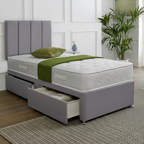 Single Divan Bed with Orthopedic Posture Support Multi-Layer Pocket Sprung Mattress Headboard & 2 Drawers Plush Sierra Grey Fabric 3FT UK Made Bedroom Guest & Kids Room Space-saving