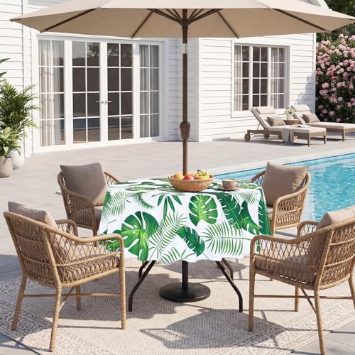 Image of Poise3EHome 60 inches Outdoor /Indoor Waterproof Tropical Round Tablecloth with Umbrella Hole for Camping, Picnic, Christmas Tree Skirt, BBQ, Palm Leaf