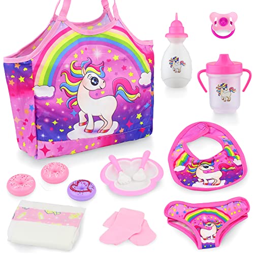 K.T. Fancy 14 Pack Baby Doll Accessories Baby Doll Feeding and Caring Set Pretend Play Set for Kids Includes Carry Bag Doll Diapers Bag Doll Milk Bottles Babies Doll Bib Pacifier