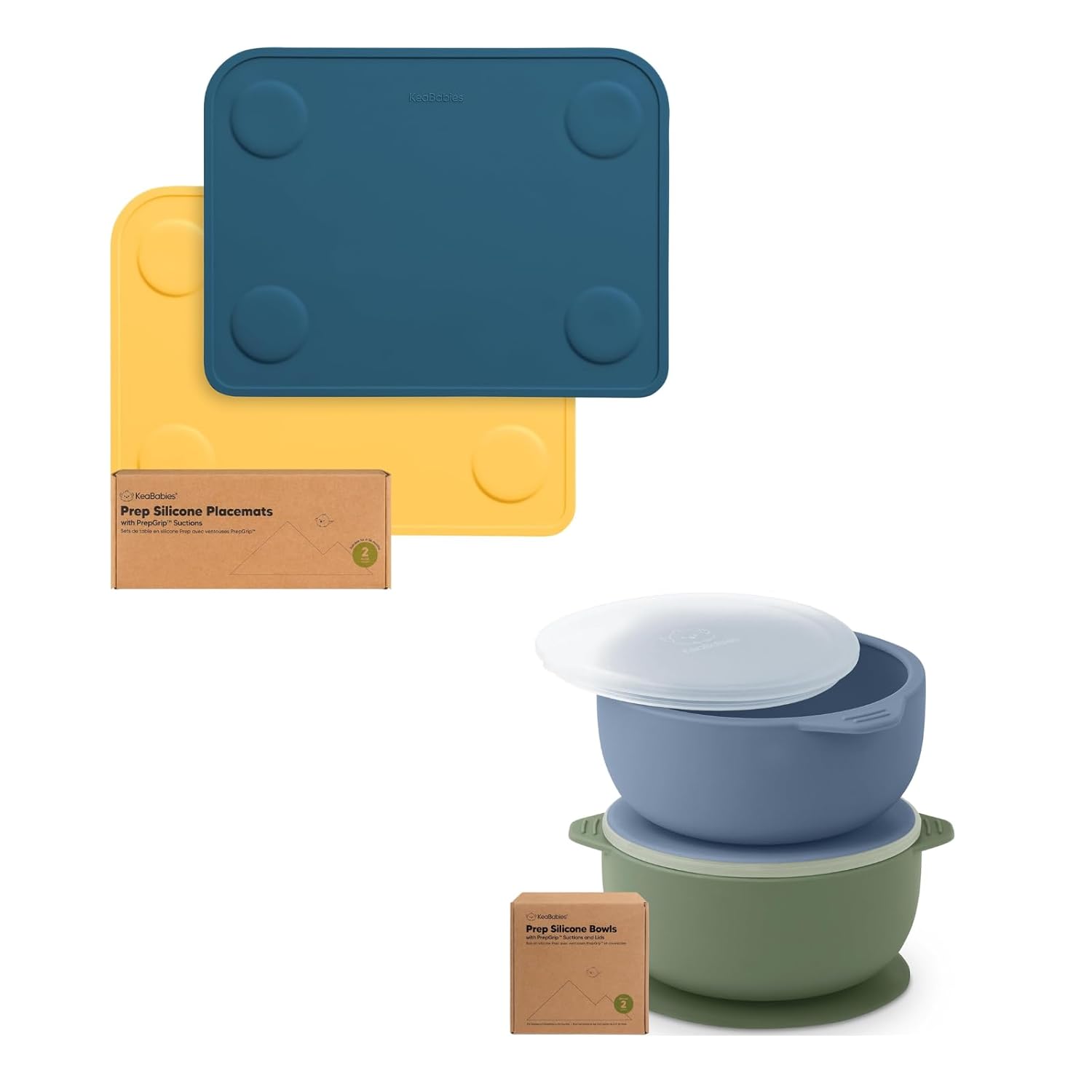 Keababies 2-Pack Silicone Placemats for Toddlers and 2-Pack Baby Bowls with Suctions, Lids - Non Slip Placemat for Kids, Easy-to-Clean Baby Mat - Silicone Suction Bowls for Kids, Toddlers