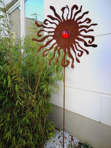 Zen Man Edelrost Gartenstecker GlasKugel Rost aus Metall Gartenfigure Gartendeko Rost GartenGlaskugel Handarbeit Rot H 120 * 40 cm 031930-1R