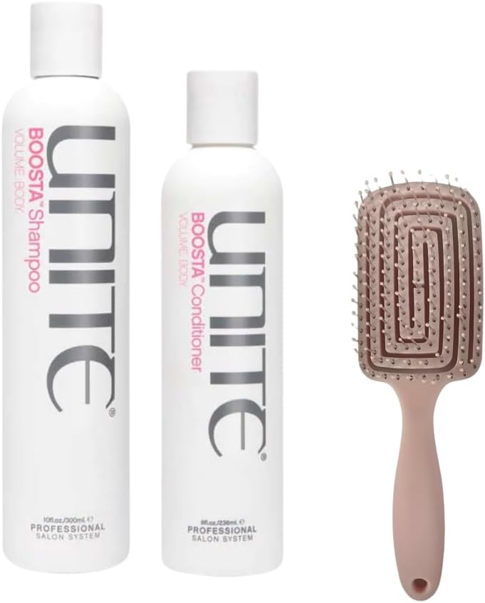 Hair Care Pack Bundle With Unite Boosta Volumising Shampoo 300ml and Unite Boosta Volumising Conditioner 236ml For Thicker Fuller Hair Langley Green Pink Detangling Hair Brush