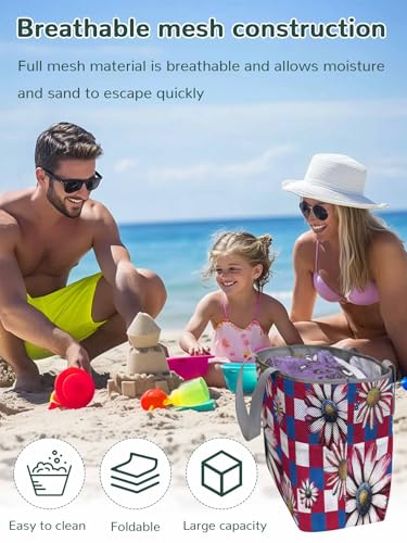 Mesh Beach Bag Oversized Tote Bags for Women 4th of July Daisy USA Flag Flower Large Travel Pool Bags with 8 Pockets2