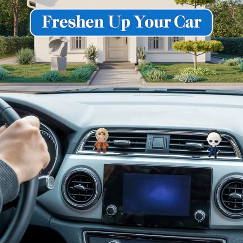 Image of GENANY 3D Resin 2Pcs Horror Car Air Freshener Vent Clip, Hand Painted Hockey Mask and Pale Mask Mini Figure Designs, Gothic Automotive Freshener, Scary Car Accessories Gift for Horror Movie Fans