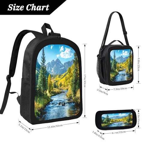 3PCS Backpack for Women Men With Lunch Box Pencil Bag 17 Inch Lightweight Adjustable Strap Back Pack 3 In 1 Set Landscape River Mountain Casual Daypack Unisex Fit Travel Work Camping3