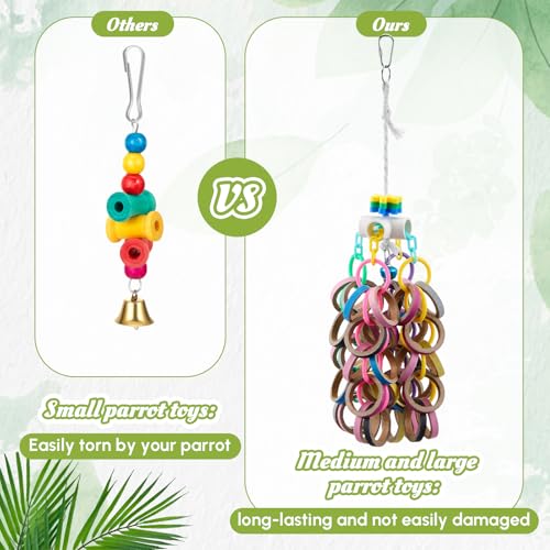 Image of Seenelling 3 Pcs Extra Large Bird Toys for Parrots, Ring and Ball | Multicolored Natural Wooden Blocks & Beads Bells, Bird Cage Chewing Toys for Large Medium Macaws African Grey Cockatoos