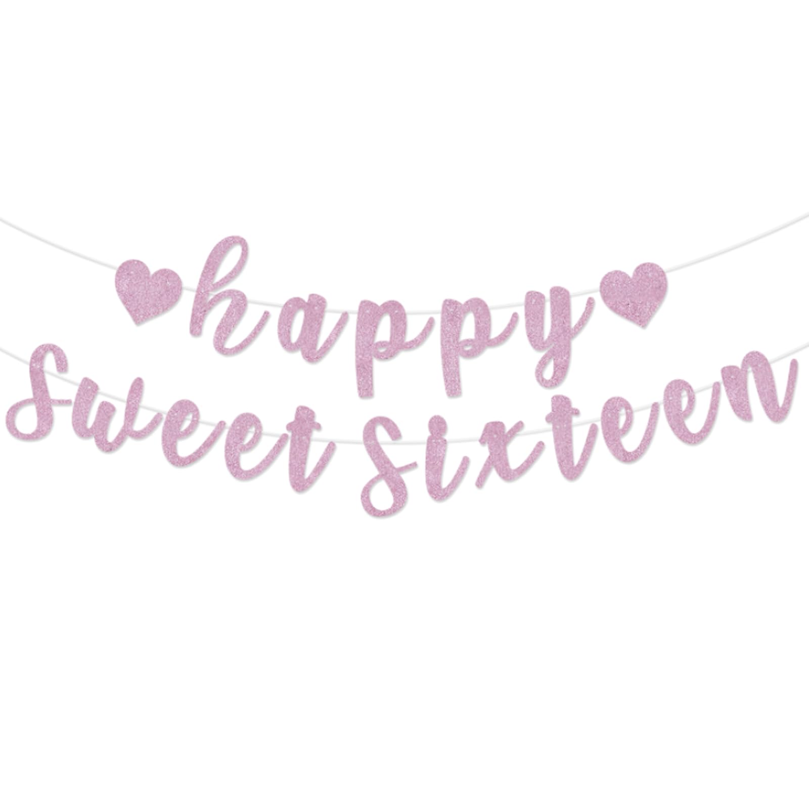 Happy Sweet Sixteen Banner, Pre-Strung Glitter Sweet 16 Party Decorations,16th Party Sign for 16th Birthday Decorations (Pink)
