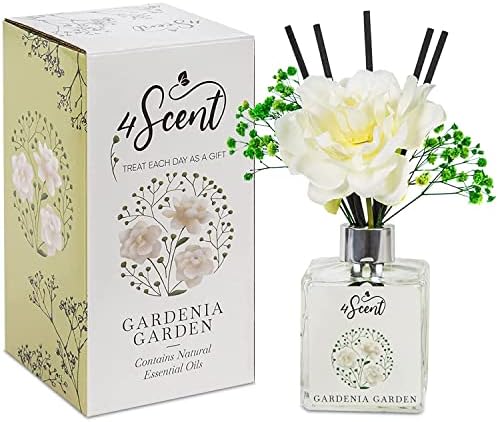 4SCENT Reed Diffuser Set 6.7 fl oz with Preserved Gypsophila (Baby's Breath) and Artificial Gardenia for Home Fragrance and Decor | Aromatherapy with Essential Oil and Rattan Sticks | Gardenia Garden