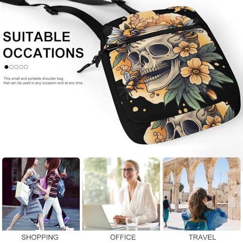 Skull with Bees Flowers Women's Cute Small Mini Crossbody Bag Top Zip Sling Square Shoulder Bags4