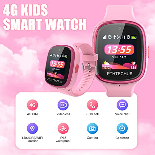 Pthtechus 4G Gps Watch Phone For Children - Kids Smart Watch With Wifi, Dail, Voice Messages & Video Calls, Gps Location, Students School Mode, Sos Function, Camera And Pedometer For Boys Girl Gift #TOP1