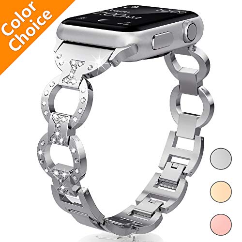 Band Compatible with Apple Watch Band 38mm 40mm / 42mm 44mm, Stainless Steel Metal Replacement Wristband Strap iWatch Series 4 3 2 1, Hollow Diamond Rhinestone / Solid Black & White Epoxy (Silver, Hollow 38/40MM)