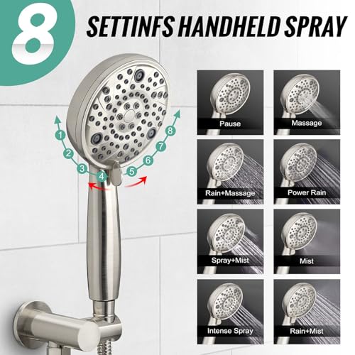Image of SR SUN RISE Shower Faucet - 8 Inch Multifunctional High Pressure Shower Head System with Handheld Shower Head Fixtures - Valve Included - Brushed Nickel