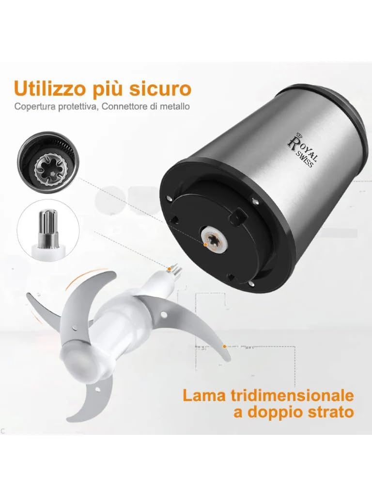 Royal Swiss Tritatutto Elettrico, 3L, 500W, Acciaio Inox, 4 Lame, 2 velocità, Robusto e Durevole Per tutti i tipi di utilizzo (5L)