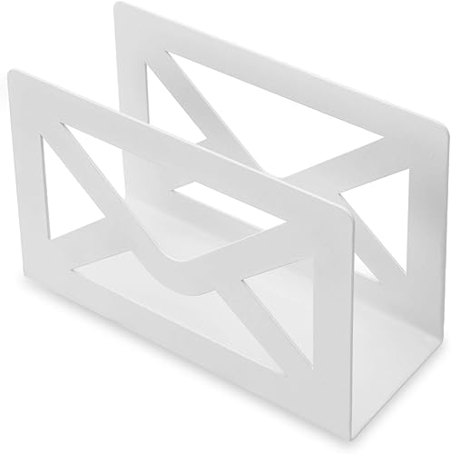 Miniatura 7 de MyGift Soporte de correo de escritorio de metal blanco con diseño de sobre recortado, organizador de cartas para el hogar y la oficina