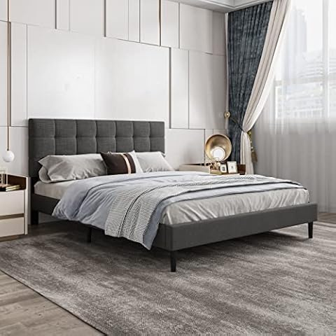 Beautiplove Upholstered Platform Bed Frame with Headboard,Mattress Foundation/No Box Spring Needed,Easy Assembly,Dark Grey/Full Size Cover