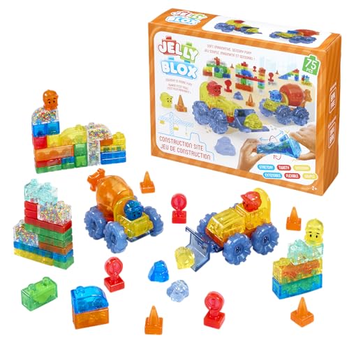 Jelly Blox Construction Site Set | Includes 75 Pieces | Toddler & Preschool Building Blocks Kids Can Squeeze, Stretch, Squish | Safety Tested & Ouch-Free | Tactile, Sensory Play Toy for Ages.....