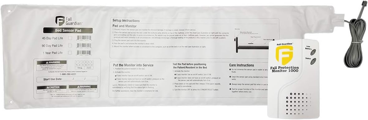 Fall Guardian 1000 Monitor and 10″x30″ 45 Day Bed Sensor pad – Automatically alerts Caregiver When Elderly, Dementia, Alzheimer’s Patient gets up from Bed with Alarm