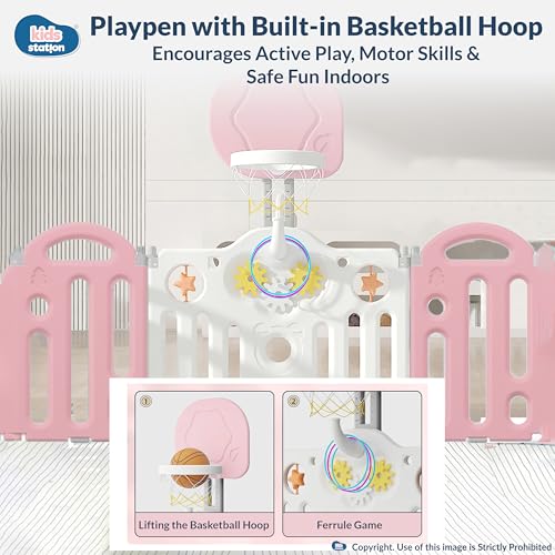Image of Kids Station Pink Bear Baby Playpen 180 x 200 with Playmat, Basketball Hoop & 20 Balls, Spacious Safety Play Yard for Babies & Toddlers, Indoor /Outdoor Use, Sturdy Frame