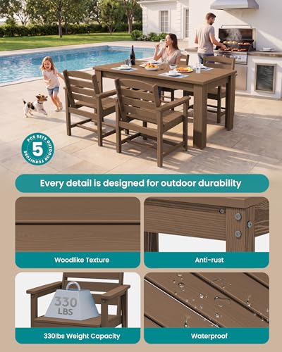 Image of SERWALL 59 inch HDPE Patio Dining Set for 4, w / 1 Table & 4 Armchairs, Brown