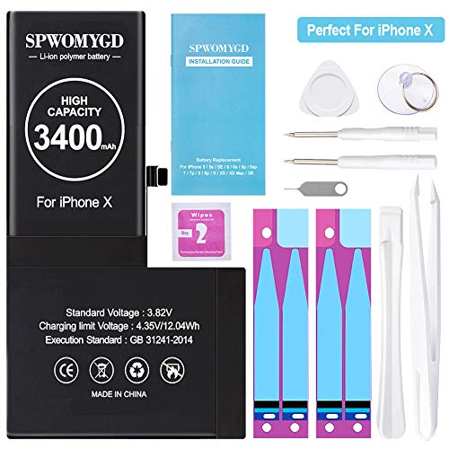 3400mAh SPWOMYGD Upgraded High Capacity Battery for iPhone Model X, 0 Cycle Replacement Battery Compatible with iPhone X, with Professional Easy Repair Tool Kit and Instruction