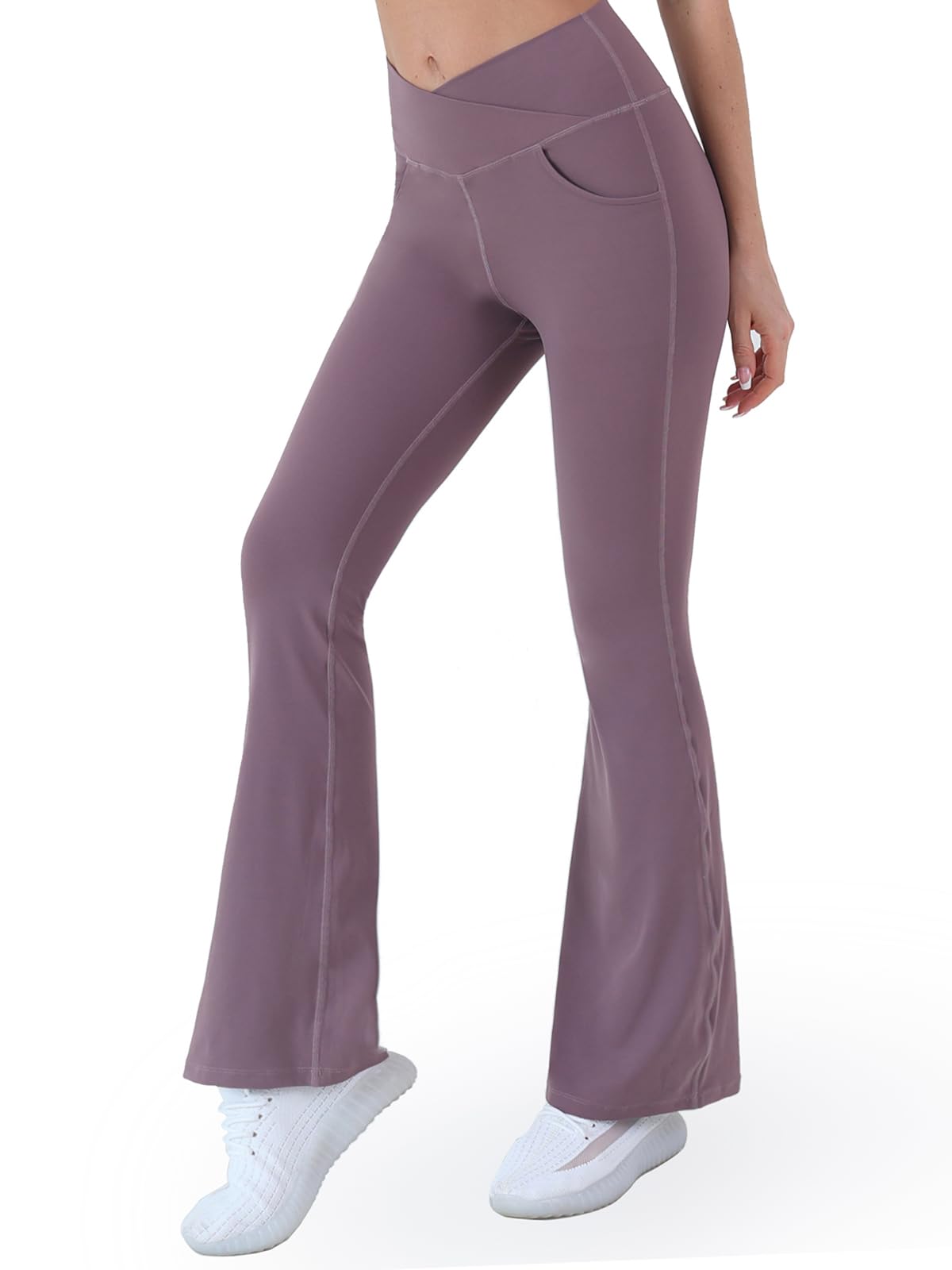 Cicendy Women Flare Leggings with Side Pockets,Crossover Yoga Pants Bootleg High Waisted Stretchy Control Gym Workout Pants