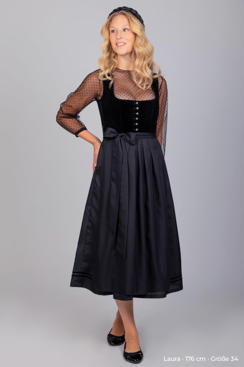 Edelnice Trachtenmode traditionelles langes Designer Dirndl Clarissa dunkelblau inkl. Dirndlschürze