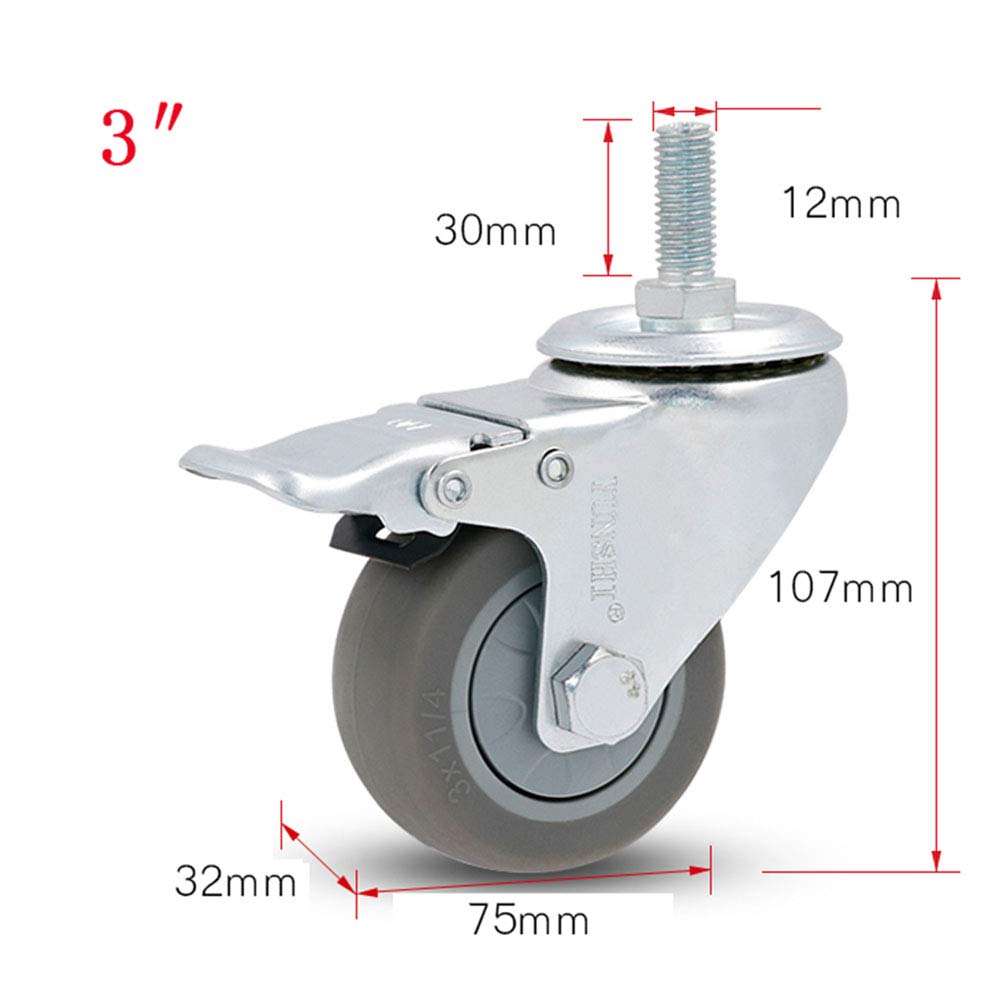 roulettes pivotantes Robustes de 75 mm (3 Pouces), roulettes à Tige avec Freins, roulettes pour Meubles, idéales pour déplacer Un Porte-Fleurs ou Un canapé, Lot de 4.