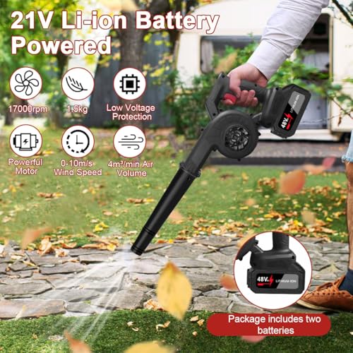 منفاخ أوراق الشجر اللاسلكي 17000 دورة في الدقيقة، منفاخ أوراق الشجر الكهربائي اللاسلكي مع شاحن وبطاريتين محمول باليد 2 في 1، منفاخ أوراق الشجر والمكنسة الكهربائية التي تعمل بالبطارية