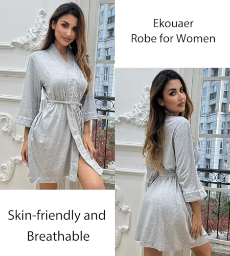 Image of Ekouaer Women Kimono Robes Knee Length Knit Bathrobe Lightweight Soft Sleepwear V-neck Casual Ladies Loungewear