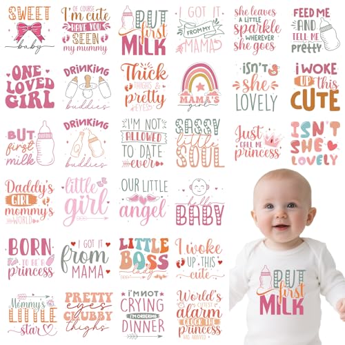 Falueqg Baby Shower Iron on Transfers - 30Pcs Pink DTF Transfers Ready to Press, Cute Iron on Decals Patches for Baby Girls Bodysuit, Heat Appliques Vinyl Stickers for Baby Onesie Bibs Decorating Kit