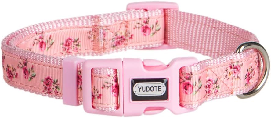YUDOTE Adjustable Pink Nylon Dog Collar Small with Floral Patterned Ribbon for Puppies Active Female Dogs Neck 25-38cm