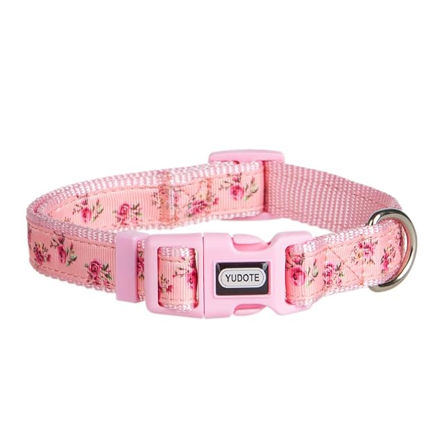 YUDOTE Collar de perro ajustable de nailon rosa pequeño con cinta estampada floral para cachorros
