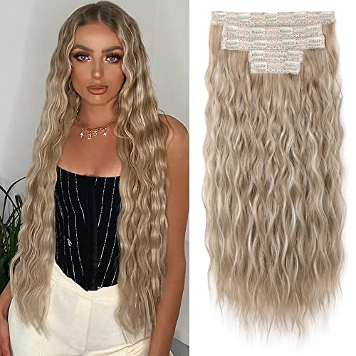 REECHO Clip in Hair Extensions, 5PCS Blonde Hair Extensions 24" Thick Long Loose Waves hair extensions HE002 Invisible Lace Weft Natural Soft Hairpieces for Women – Dark Ash Blonde