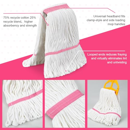 Image of Eccliy 6 Pack Commercial Mop Heads Replacement Heavy Duty 18 oz Loop End Cotton String Wet Mop Refills Washable Absorbent Reusable for Industrial Home Tile Wood Concrete Floor (White,Pink)