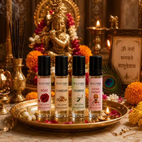 Image of Rose, Chandan, Jasmine & Shyam Darbar | Attar Gift Set for Men & Women | Non Alcoholic Long Lasting Attar Perfume Oil | Roll On Fragrance Combo Pack (4 x 6ml) Natural Attar for Pooja & Meditation (SHYAM DARBAR)