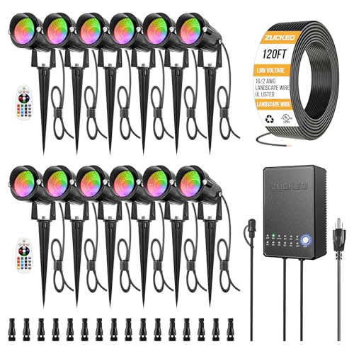 ZUCKEO All-in-One RGB Low Voltage Landscape Lighting Kit 5W LED Color Changing Landscape Lights with Transformer and 120FT Wire Outdoor Spotlights for Halloween Christmas Yard Garden Decor 12Pack