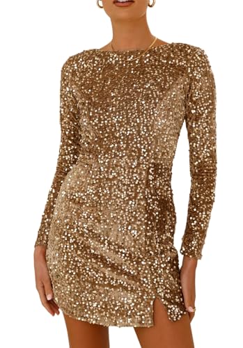 Image of R.Vivimos Women's Sequin Bodycon Dress Fall Winter Velvet Warm Long Sleeve Crew Neck Sexy Backless Glitter Slit Mini Dress