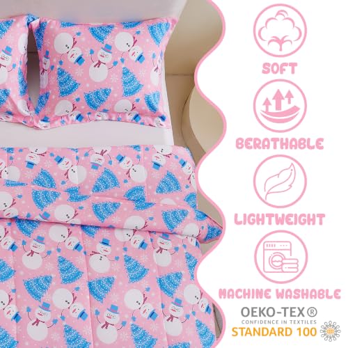 Image of Yibeizi Pink Christmas Comforter Set Twin Kids Cute Snowman Xmas Bedding