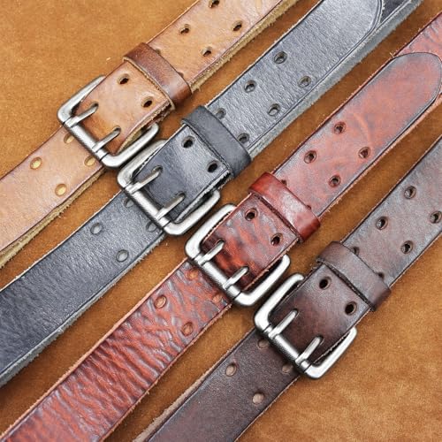 Men's Double Prong Distressed Vintage Leather Belt Casual Work Heavy Duty Double Grommet Holes Waist Strap for Jeans 7