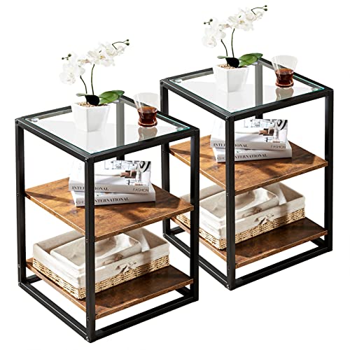 SICOTAS Nachttisch 2er Set Sofatisch mit 3 Ablagen kleine Couchtische aus Holz Glas Metall Telefontisch Betttisch Wohnzimmertisch Industrie-Design für Wohnzimmer, Schlafzimmer, Flur 40x40x60CM Cover