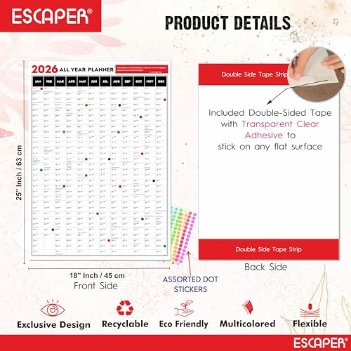 Image of ESCAPER Big Planner 2026 Wall Calendar (18 x 25 inches) with Dot Stickers, Single Sheet Yearly Layout, 120 GSM, Daily Organizer for Home, Office & Study