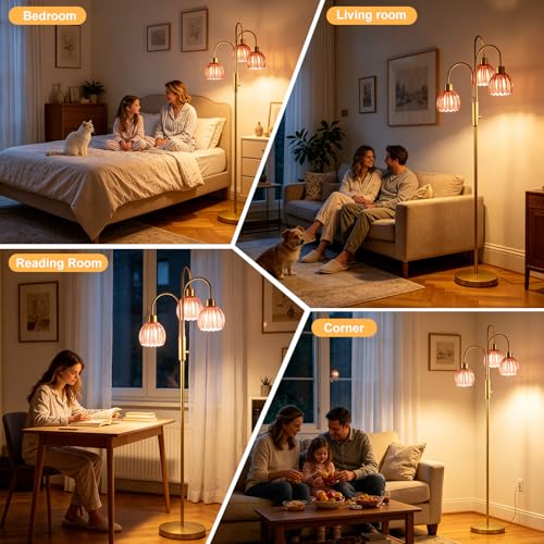 Image of 3-Light Glass Floor Lamp, 70 inch Gold Dimmable Standing Tall Lamp with Deep Red Glass Shades &3PCS 3000K Warm White Bulbs for Wedding /Party, Modern Tree Pole Lamp for Living Room Bedroom Home Decor