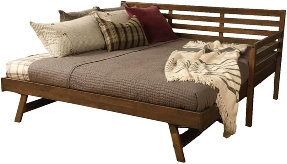 Pemberly Row Boho Wood Daybed/Pop Up Bed, Walnut Brown Finish, Twin to King Conversion with Black Spring Mattresses, 80 in x 42.5 in x 38.5 in, Hardwood Frame, Rustic Design for Bedroom or Guest Room